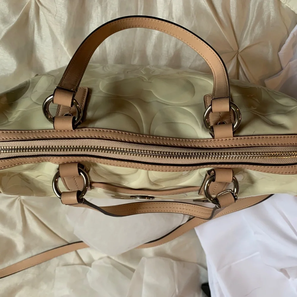 Coach Cream Patent Satchel with Tan Trim